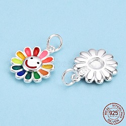 925 Sterling Silver Enamel Charms, with Jump Ring, Flower with Smile, Colorful, 14.5x12x2mm, Hole: 3mm(X-STER-T004-07S)