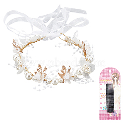 Wedding Party Beach Bridal Decorative Hair Accessories, Alloy Flower Headbands, with Plastic Beads, White, 380~383x33x14mm(OHAR-WH0021-03A)