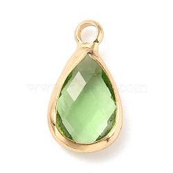 Faceted Glass Pendants, August Birthstone Charms, with Brass Cabochon Settings, Teardrop, Golden, Green Yellow, 14x7.5x3.5mm, Hole: 1.8mm(KK-WH0054-15H-G)