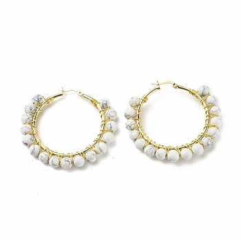 Synthetic Howlite Beaded Hoop Earrings for Women, Real 18K Gold Plated Wire Wrap Big Circle Hoop Earrings, 47~49x51~52x6~6.6mm, Pin: 1.4x0.4mm