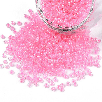 12/0 Glass Seed Beads, Inside Colours, Round Hole, Round, Transparent Colours Rainbow, Pink, 12/0, 2~2.5x1.5~2mm, Hole: 0.8mm, about 6666pcs/100g