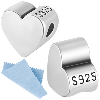 4Pcs 925 Sterling Silver Beads, Heart, with 925 Stamp and 1 Sheet Double Sided Suede Fabric Silver Polishing Cloth, Antique Silver, 5x5x3mm, Hole: 1mm