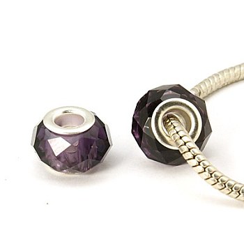 Handmade Glass European Beads, Large Hole Beads, Silver Color Brass Core, Dark Violet, 14x8mm, Hole: 5mm