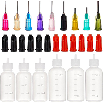 Plastic Glue Liquid Container, Bottle Dispenser, Mixed Color, Bottle Dispenser: 29~36x82~93mm, 
Bottle Stopper: 17.5x8mm, 
Plastic Fluid Precision Blunt Needle Dispense Tip: 24~30x7.5mm, Lumen: 0.26~1.5mm, External Dia: 0.52~2mm