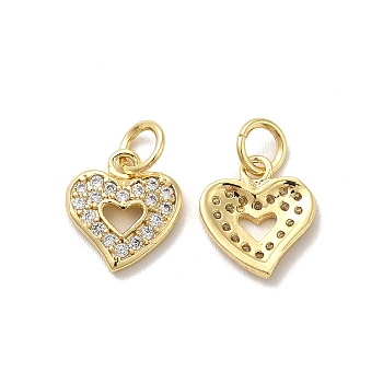 Brass Micro Pave Cubic Zirconia Charms, with Jump Ring, Heart, Real 18K Gold Plated, 14x10x1.5mm, Hole: 3mm