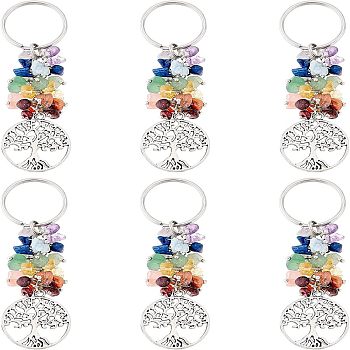 6Pcs Natural Gemstone Keychain, with Brass Findings, Flat Round with Tree, 88mm, Pendant: 28.5x25x2mm