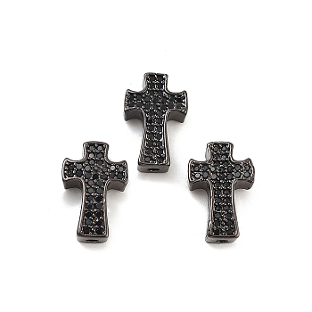 Brass Micro Pave Clear Cubic Zirconia Beads, Cross, Electrophoresis Black, 14x9x4mm, Hole: 1.2mm, 3pcs/bag