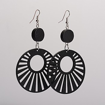 Trendy Flat Round Wood Dangle Earrings, with Platinum Plated Iron Earring Hooks, Black, 90.5x49mm, Pin: 0.8mm