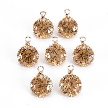 Glass Charms, with Golden Tone Brass Findings, Faceted, Flat Round, Goldenrod, 13.5x10.5x5.5mm, Hole: 1.8mm