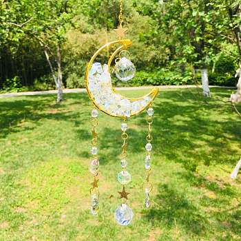 Wire Wrapped Opalite Chips & Moon Hanging Ornaments, Glass Tassel Suncatcher for Window Garden Decoration, 340x60mm