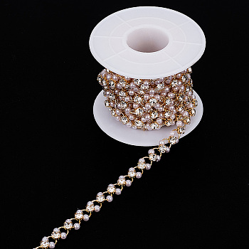 Alloy Ring Link Chains, with Clear Cubic Zirconia and Resin Pearl Beaded, Unwelded, with Spool, Golden, 6.5~7x3.5mm, about 6.56 Feet(2m)/Roll