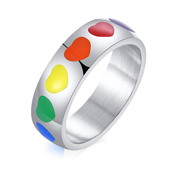Rainbow Color Pride Flag Enamel Heart Finger Ring, Stainless Steel Jewelry for Men Women, Stainless Steel Color, US Size 8(18.1mm)