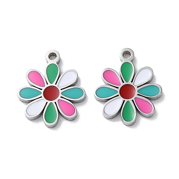 304 Stainless Steel Charms, with Enamel, Flower Charm, Stainless Steel Color, 13x11x1.5mm, Hole: 1.2mm