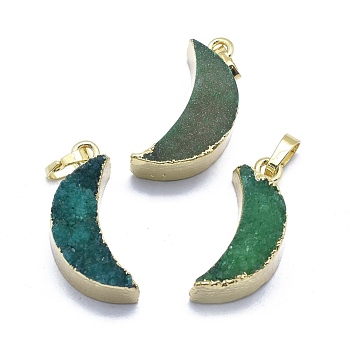 Natural Druzy Agate Pendants, Edge Golden Plated, with Golden Tone Brass Finding, Moon, Dyed & Heated, Teal, 30~33x9.5~10x7.5~8.5mm, Hole: 3.5x5.5mm