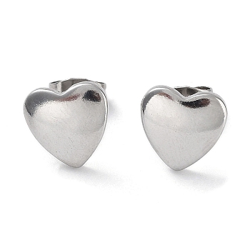 304 Stainless Steel Heart Ear Studs for Women, Stainless Steel Color, 10x10mm