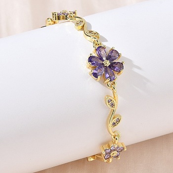 Brass Micro Pave Cubic Zirconia Link Chain Bracelets for Women, Flower, Long-Lasting Plated, Rack Plating, Cadmium Free & Lead Free, Real 18K Gold Plated, Slate Blue, 5.51 inch(14cm)