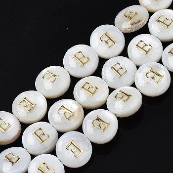 Natural Freshwater Shell Beads, with Enamel, Horizontal Hole, Flat Round with Alphabet, Letter.E, 8x3.5~4.5mm, Hole: 0.5mm, about 40pcs/strand, 12.20~12.60inch(31~32cm)