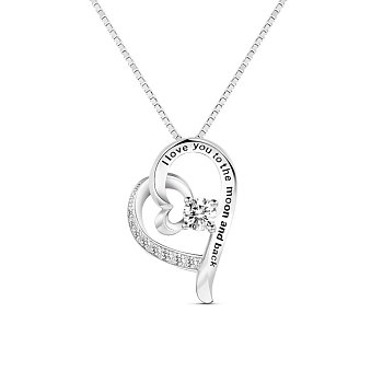 TINYSAND Rhodium Plated 925 Sterling Silver Heartslinked Pendant Necklace, with Cubic Zirconia, Platinum, 14 inch
