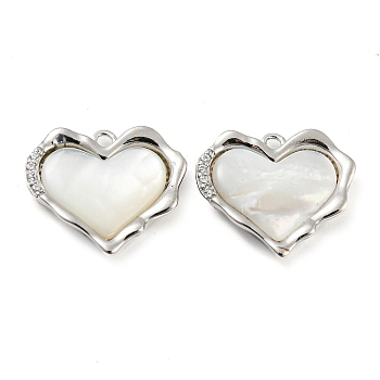 Natural Freshwater Shell Pendants, Brass Micro Pave Clear Cubic Zirconia Heart Charms, Platinum, 15x17x2.5mm, Hole: 1.2mm
