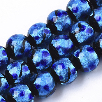 Handmade Silver Foil Lampwork Beads Strands, Round, Blue, 11.5~12.5x11~12mm, Hole: 1mm, about 40pcs/Strand, 17.72 inch