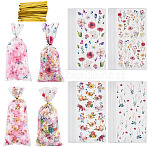 100Pcs Plastic Cookie Candy Packaging Bags, Rectangle with Flower Pattern, with Gold Twist Wire Ties, Mixed Color, 268x125x0.1mm(ABAG-TA0002-07B)
