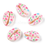Flower Printed Cowrie Shell Beads, No Hole/Undrilled, Colorful, 18.5~22x13~14.5x6~7.5mm(SSHEL-ZX006-09A)