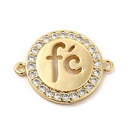 Eco-Friendly Rack Plating Brass Micro Pave Clear Cubic Zirconia Connector Charms, Lead Free & Cadmium Free, Long-Lasting Plated, Flat Round Links with Word, Real 18K Gold Plated, 25x20x3mm, Hole: 1.4~1.5mm(KK-F847-03G)