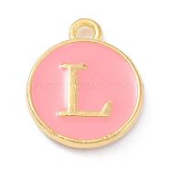 Golden Plated Alloy Enamel Charms, Enamelled Sequins, Flat Round with Alphabet, Letter.L, Pink, 14x12x2mm, Hole: 1.5mm(X-ENAM-Q437-14L)