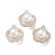 ABS Imitation Pearl Bead Pendants, with Alloy and Crystal Rhinestone, Cadmium Free & Lead Free, Flower Charm, Golden, 19x16.5x9mm, Hole: 1.8mm(FIND-C042-05G)