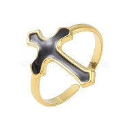 304 Stainless Steel Open Cuff Rings, Enamel Cross Ring for Women, Real 18K Gold Plated, Black, 20.5mm, Inner Diameter: Adjustable(RJEW-C084-02B-02G)