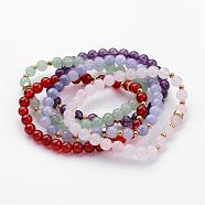 Natural Round Gemstone Beaded Stretch Bracelets, with Iron Spacer Beads, Mixed Color, 54mm(2-1/8 inch)(BJEW-JB02453)