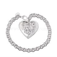 Brass Cable Chains Bracelets for Women, with Heart Locket Pendant and Lobster Clasps, Silver Color Plated, 203.2mm(BJEW-BB09796)