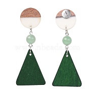 Stud Earrings, with Natural Green Aventurine Beads, Pear Wood Pendants, Resin & Wood Pendants and Brass Findings, Flat Round and Triangle, Dark Green, 67~68mm, Pin: 0.6mm(EJEW-JE03007-02)