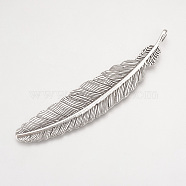 Tibetan Style Alloy Big Pendants, Feather, Cadmium Free & Lead Free, Antique Silver, 105x22x2mm, Hole: 4mm, about 100pcs/1000g(TIBE-Q075-41AS-LF)