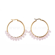 Beaded Hoop Earrings, with Natural Rose Quartz Beads, Golden Plated 304 Stainless Steel Hoop Earrings and Cardboard Packing Box, 48x39mm, Pin: 1x0.7mm(EJEW-JE03953-01)
