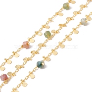 Natural Indian Agate Column Beaded Chains, with Brass Paperclip Chains and Flat Round Charm, Soldered, with Spool, Lead Free & Cadmium Free, Golden, 2x1x0.5mm, 5.5x3x1mm(CHC-K012-01G-04)