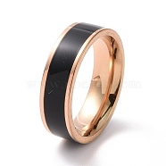 Enamel Grooved Line Finger Ring, Rose Gold 201 Stainless Steel Jewelry for Women, Black, Inner Diameter: 17mm(RJEW-I089-43B)