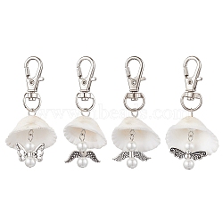 4Pcs 4 Styles Angel Alloy & Natural Shell Pendant Decorations, Swivel Clasps Charms for Bag Ornaments, Antique Silver & Platinum, 62~64mm, 1pc/style(HJEW-JM02016)