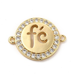 Eco-Friendly Rack Plating Brass Micro Pave Clear Cubic Zirconia Connector Charms, Lead Free & Cadmium Free, Long-Lasting Plated, Flat Round Links with Word, Real 18K Gold Plated, 25x20x3mm, Hole: 1.4~1.5mm(KK-F847-03G)