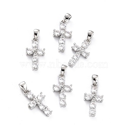 Brass Micro Pave Cubic Zirconia Pendant, Long-Lasting Plated, Cross, Real Platinum Plated, 16.5x9x3mm, Hole: 4x2.6mm(ZIRC-P089-21P)