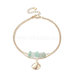 Natural Geen Aventurine Chips Beaded & Shell Charms Double Layer Multi-strand Bracelet, Stainless Steel Jewelry for Women, Golden, 9-3/8 inch(23.7cm)(AJEW-AN00511-02)