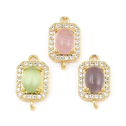 Brass Micro Pave Clear Cubic Zirconia Connector Charms, Rectangle Links, with Cat Eye, Rack Plating, Long-Lasting Plated, Lead Free & Cadmium Free, Real 18K Gold Plated, Mixed Color, 17x9.5x5.5mm, Hole: 1.2mm(CU-CBAFB7D-04G)