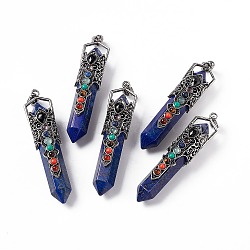 Natural Lapis Lazuli Dyed Big Pointed Pendants, 7 Chakra Faceted Bullet Charms, with Rack Plating Antique Silver Tone Alloy Crown Findings, Cadmium Free & Lead Free, 84x20x19.5mm, Hole: 8x5mm(G-H281-02E)