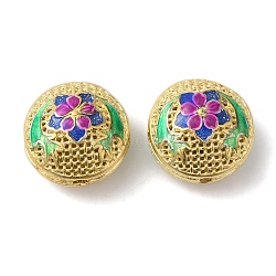 Rack Plating Brass Enamel Beads, Long-Lasting Plated, Cadmium Free & Lead Free, Real 18K Gold Plated, Flat Round with Flower, Magenta, 14x9mm, Hole: 1.5mm(KK-P276-24A-G02)