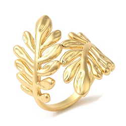 Leaf Brass Open Cuff Rings, for Women, Lead Free & Cadmium Free, Real 18K Gold Plated, Inner Diameter: 18mm(RJEW-U008-48G)