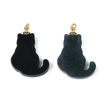 Natural Myanmar Jade Pendants, Cat Shape Charms with Brass Micro Pave Green Cubic Zirconia Bails, Golden, 34~35x24.5~25x5mm, Hole: 3mm