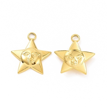 Ion Plating(IP) 304 Stainless Steel Pendants, Star with Human Face Charm, Real 18K Gold Plated, 21x18.5x3mm, Hole: 2.5mm