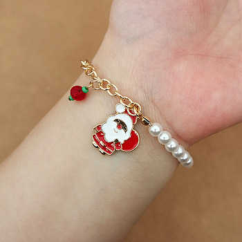 Christmas Jewelry, Alloy Enamel Charm Bracelets for Women, with Plastic Imitation Pearl, Santa Claus