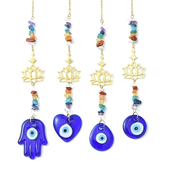 Gemstone Chip Beaded Pendant Decorations, with Evil Eye Lampwork and 201 Stainless Steel Lotus Hanging Ornaments, Star/Teardrop/Flat Round/Hamsa Hand, 225~240mm