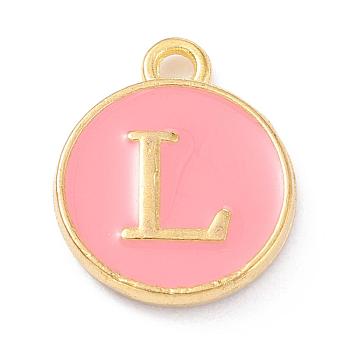 Golden Plated Alloy Enamel Charms, Enamelled Sequins, Flat Round with Alphabet, Letter.L, Pink, 14x12x2mm, Hole: 1.5mm